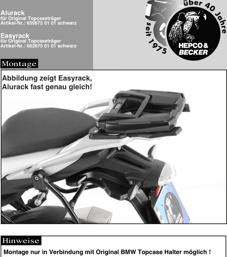 Hepco & Becker Alurack top case carrier black for combination with original rear rack for BMW S 1000 XR (2015-2019)